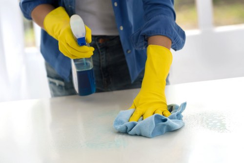 Domestic cleaner working in a Surrey kitchen and living space