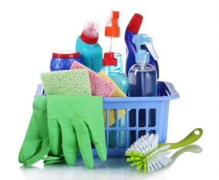 Professional cleaning equipment and supplies arranged for a deep clean service